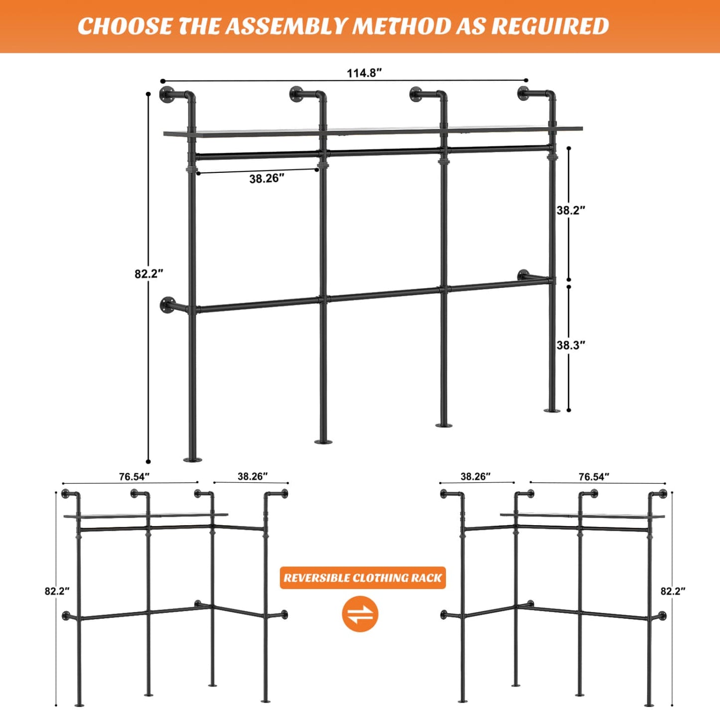 Industrial Pipe Clothing Rack, Reversible 118.3'' Clothes Rack for Hanging Clothes