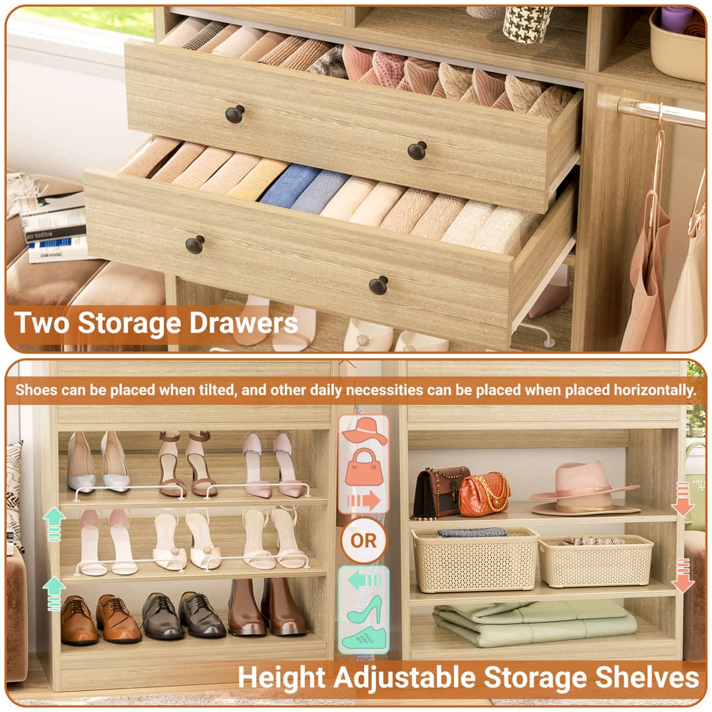 Closet System with Wooden Drawers and Two Hanging Rods