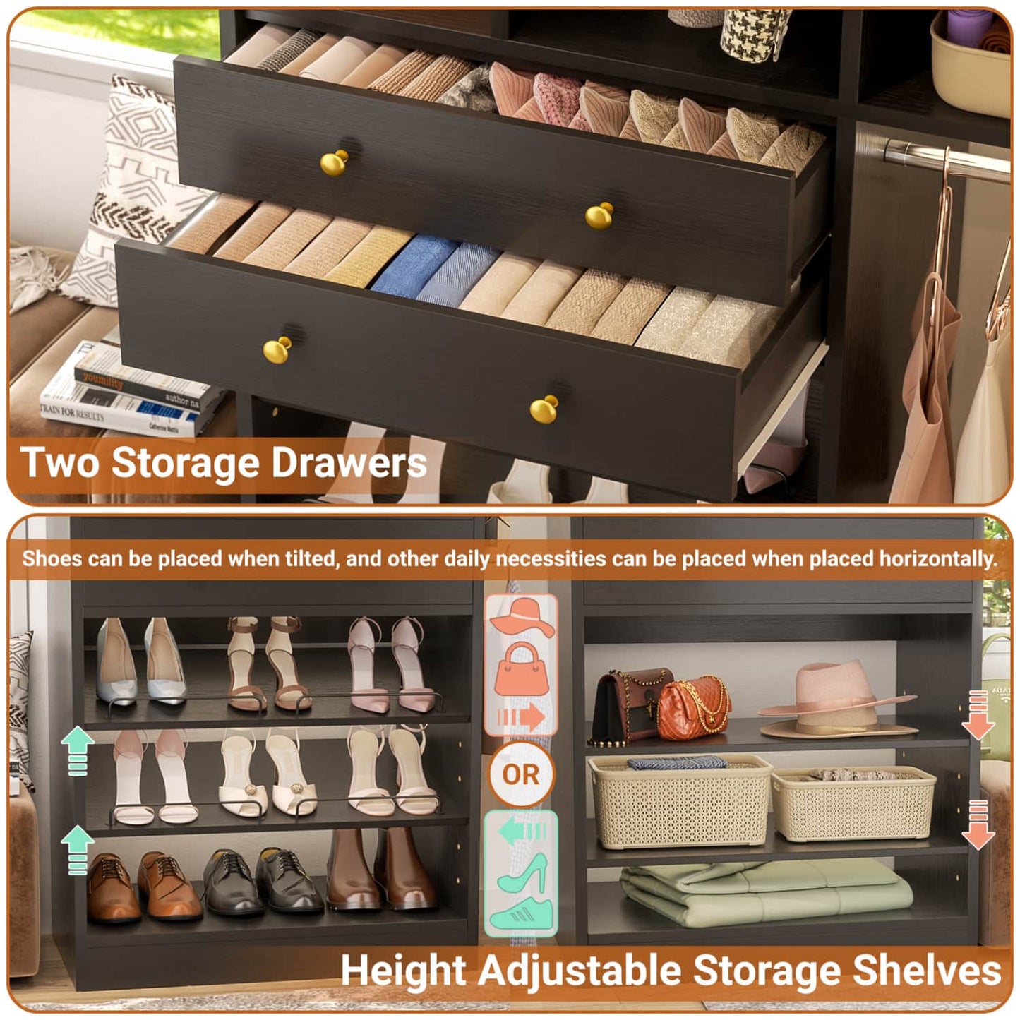 Closet System with Wooden Drawers and Two Hanging Rods