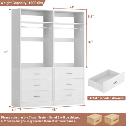 Closet System Set of 2, 4FT Closet Systems with 6 Wood Drawers