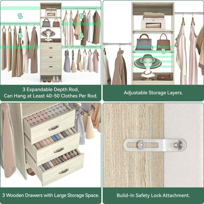 8FT Closet Organizer System with 3 Hanging Rods, 96'' Closet Organizers and Storage with 3 Wooden Drawers