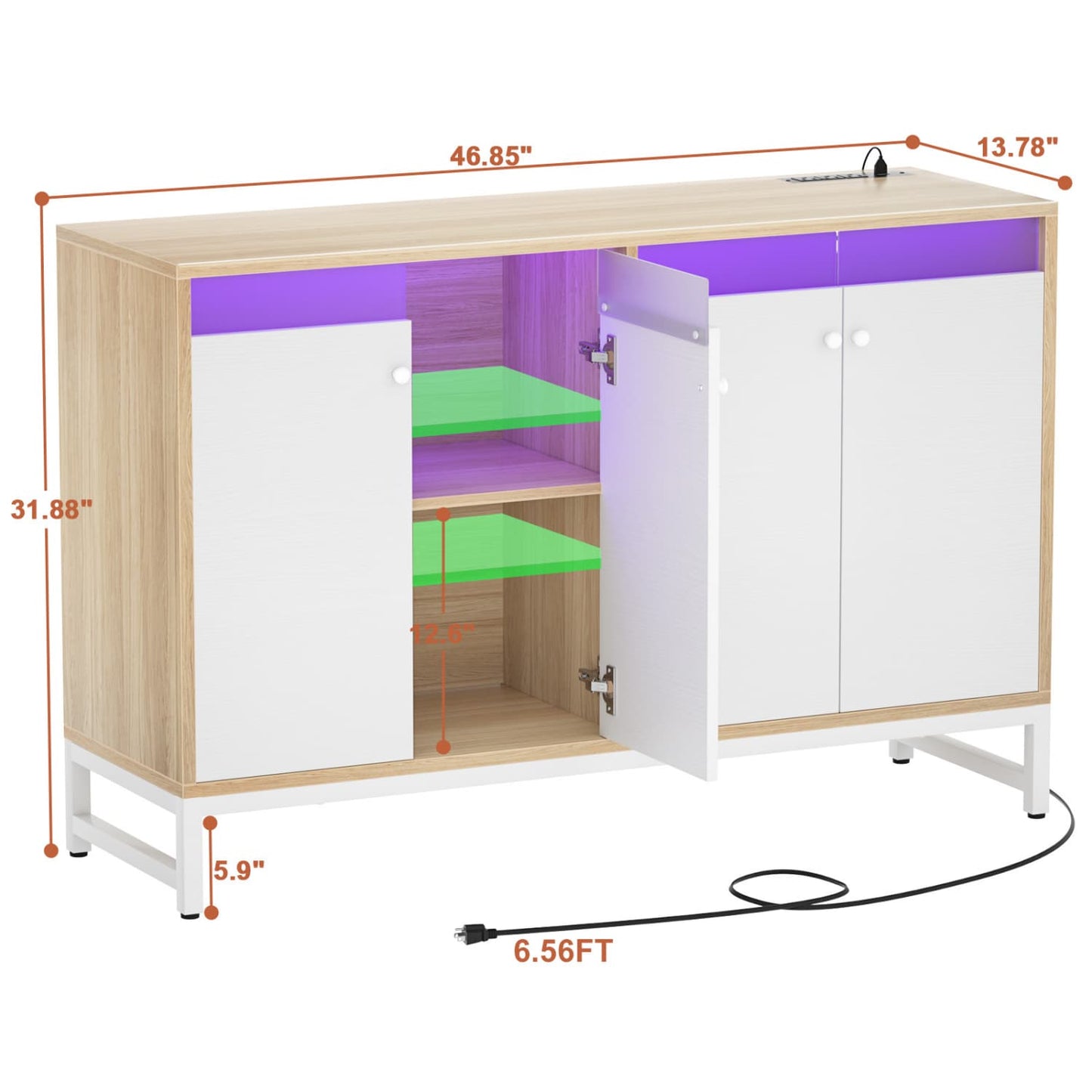 Storage Buffet Cabinet with Adjustable Shelves, Coffee Bar with Charging Station, LED Light