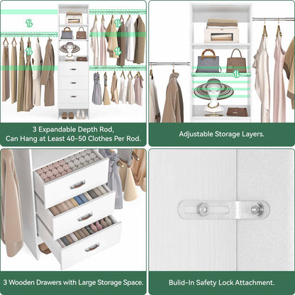 8FT Closet Organizer System with 3 Hanging Rods, 96'' Closet Organizers and Storage with 3 Wooden Drawers