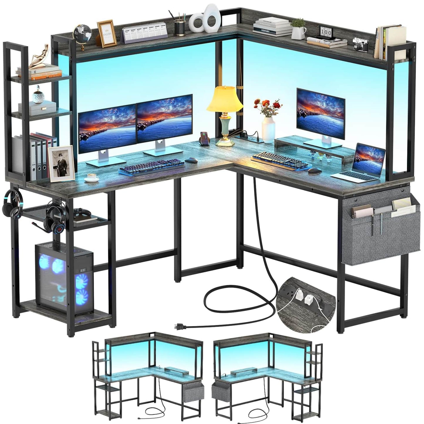 Corner Computer Desk with Hutch and Led Lights, L-Shaped Desk with Power Outlet