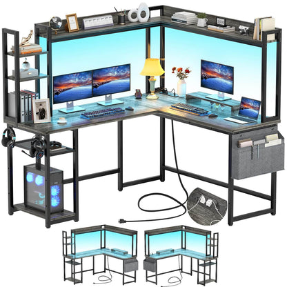 Corner Computer Desk with Hutch and Led Lights, L-Shaped Desk with Power Outlet