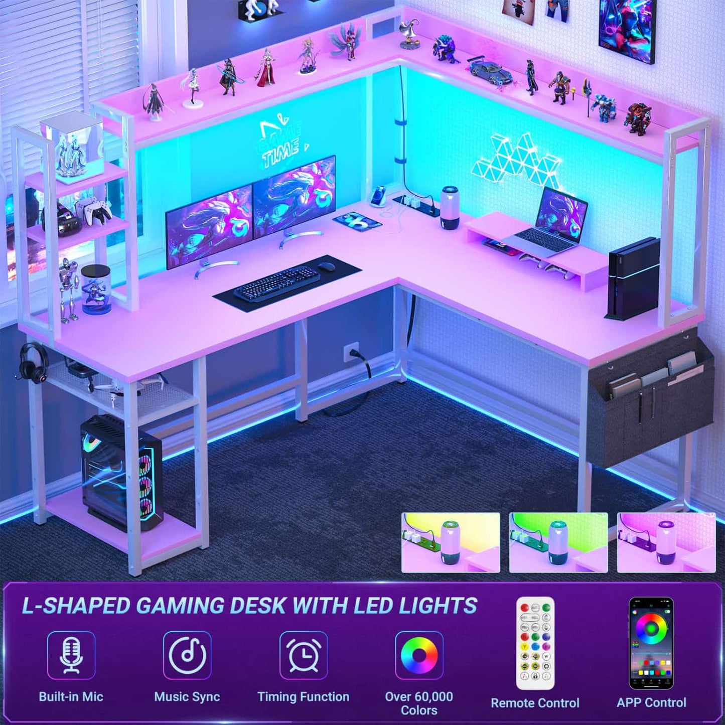 Corner Computer Desk with Hutch and Led Lights, L-Shaped Desk with Power Outlet
