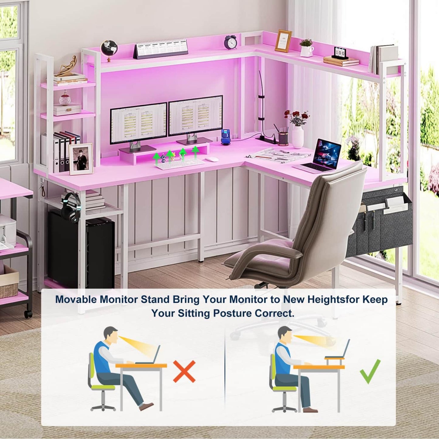Corner Computer Desk with Hutch and Led Lights, L-Shaped Desk with Power Outlet