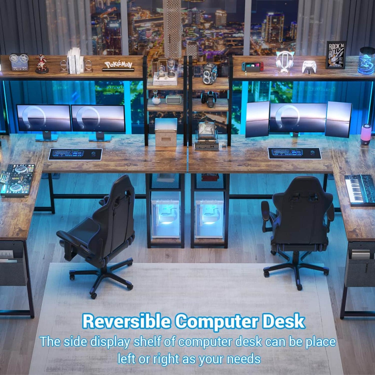 Corner Computer Desk with Hutch and Led Lights, L-Shaped Desk with Power Outlet
