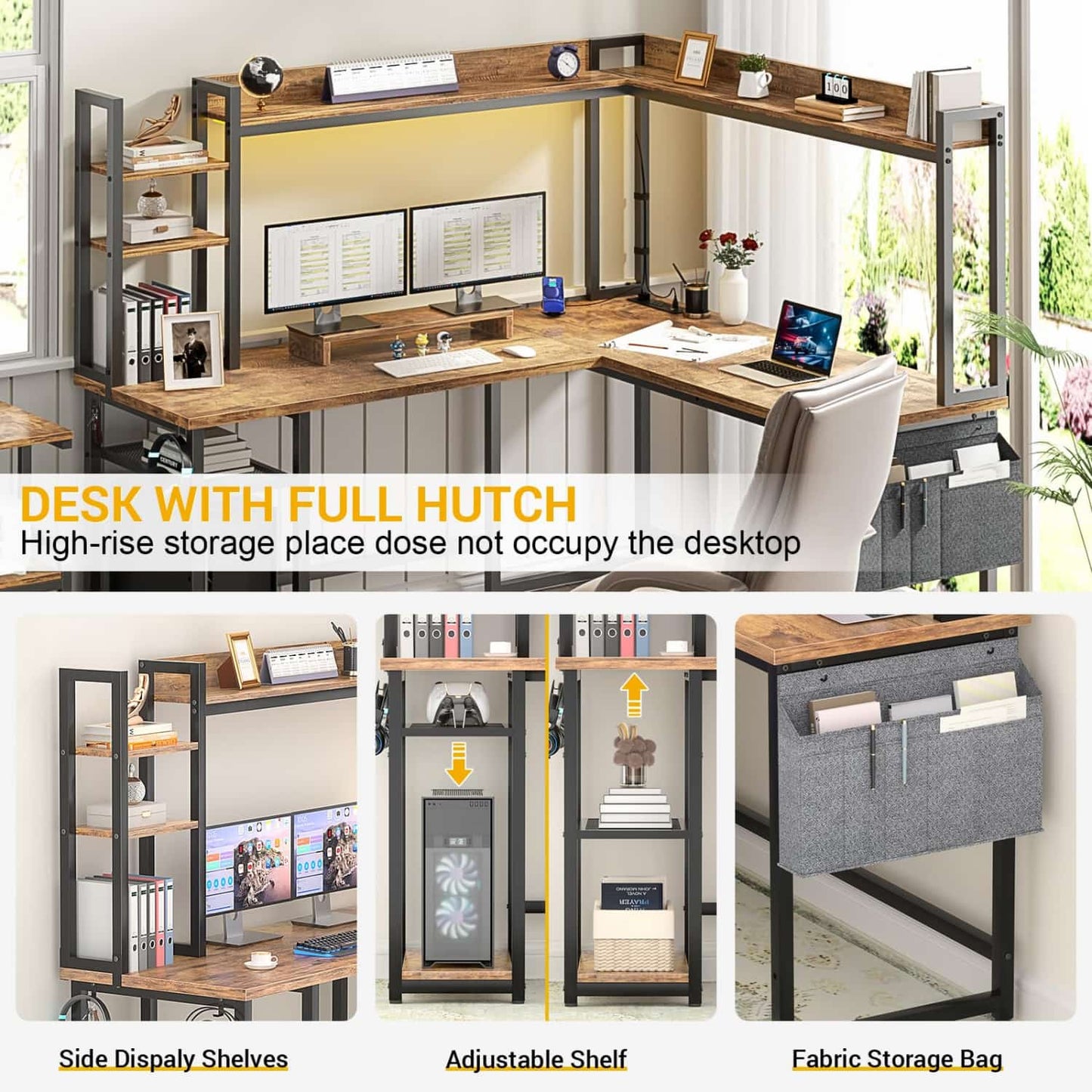 Corner Computer Desk with Hutch and Led Lights, L-Shaped Desk with Power Outlet