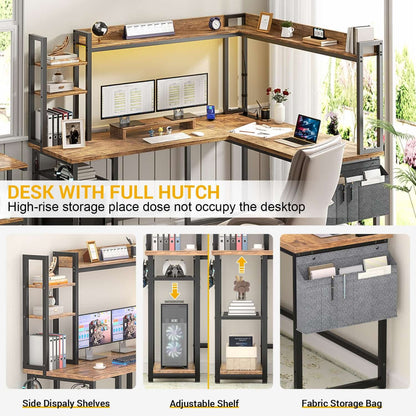 Corner Computer Desk with Hutch and Led Lights, L-Shaped Desk with Power Outlet