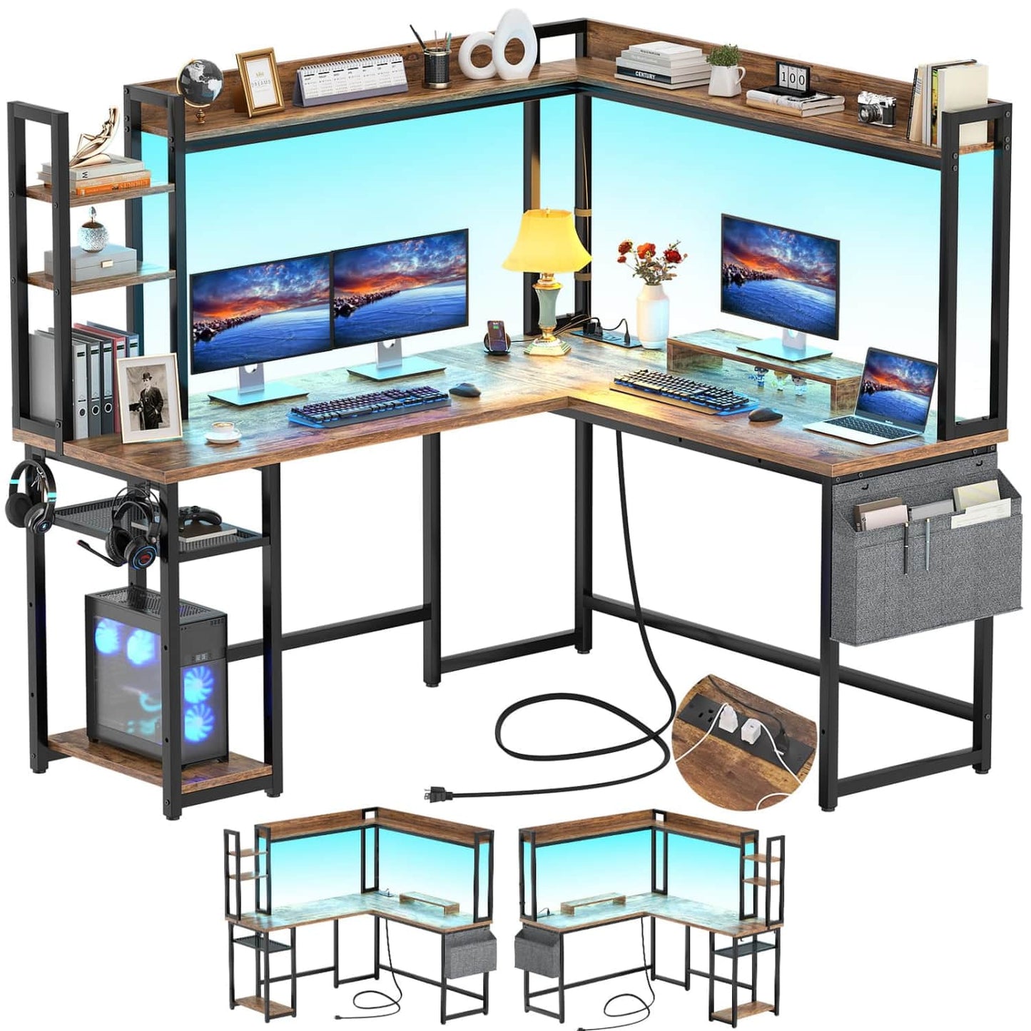 Corner Computer Desk with Hutch and Led Lights, L-Shaped Desk with Power Outlet