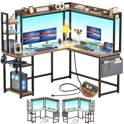 Corner Computer Desk with Hutch and Led Lights, L-Shaped Desk with Power Outlet
