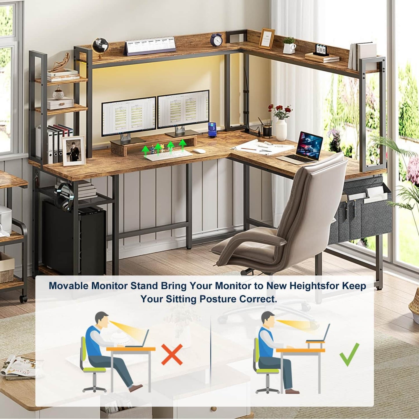 Corner Computer Desk with Hutch and Led Lights, L-Shaped Desk with Power Outlet