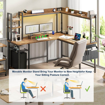 Corner Computer Desk with Hutch and Led Lights, L-Shaped Desk with Power Outlet