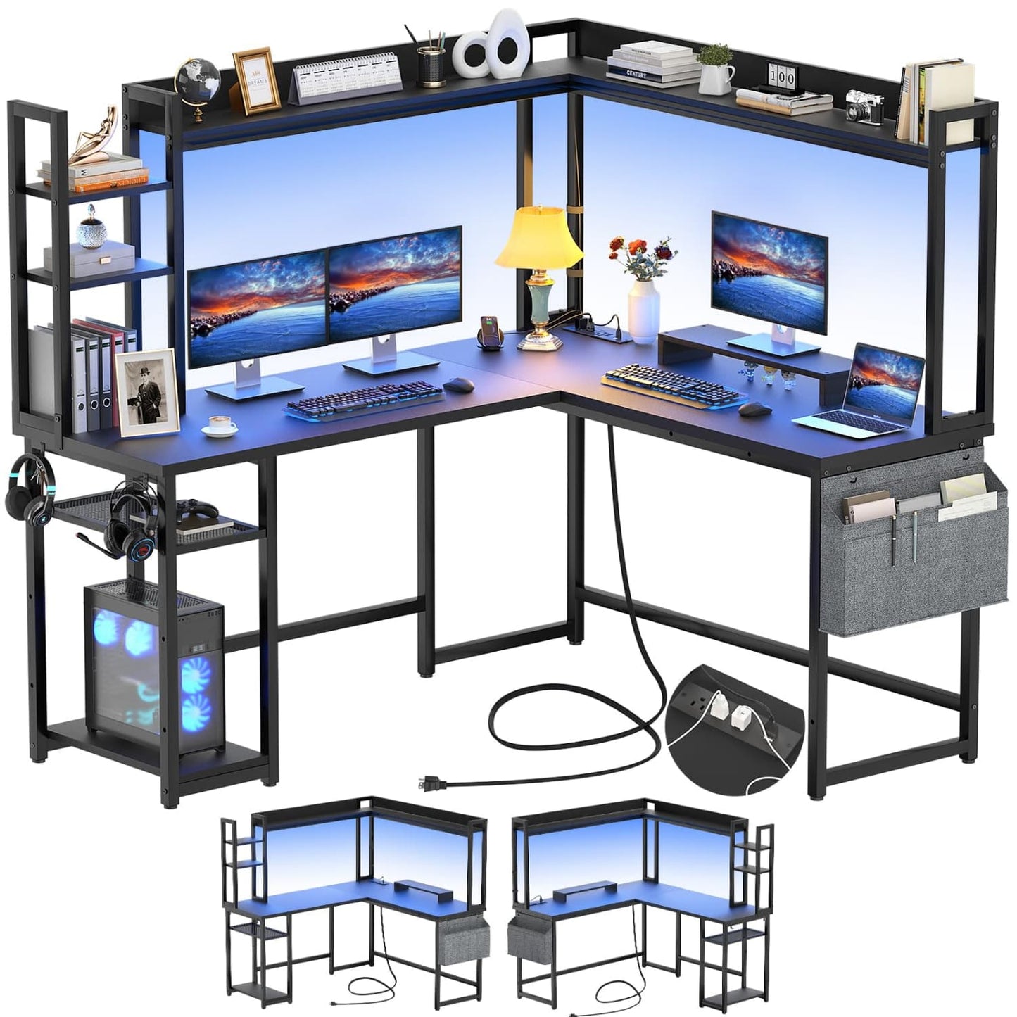 Corner Computer Desk with Hutch and Led Lights, L-Shaped Desk with Power Outlet