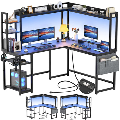 Corner Computer Desk with Hutch and Led Lights, L-Shaped Desk with Power Outlet