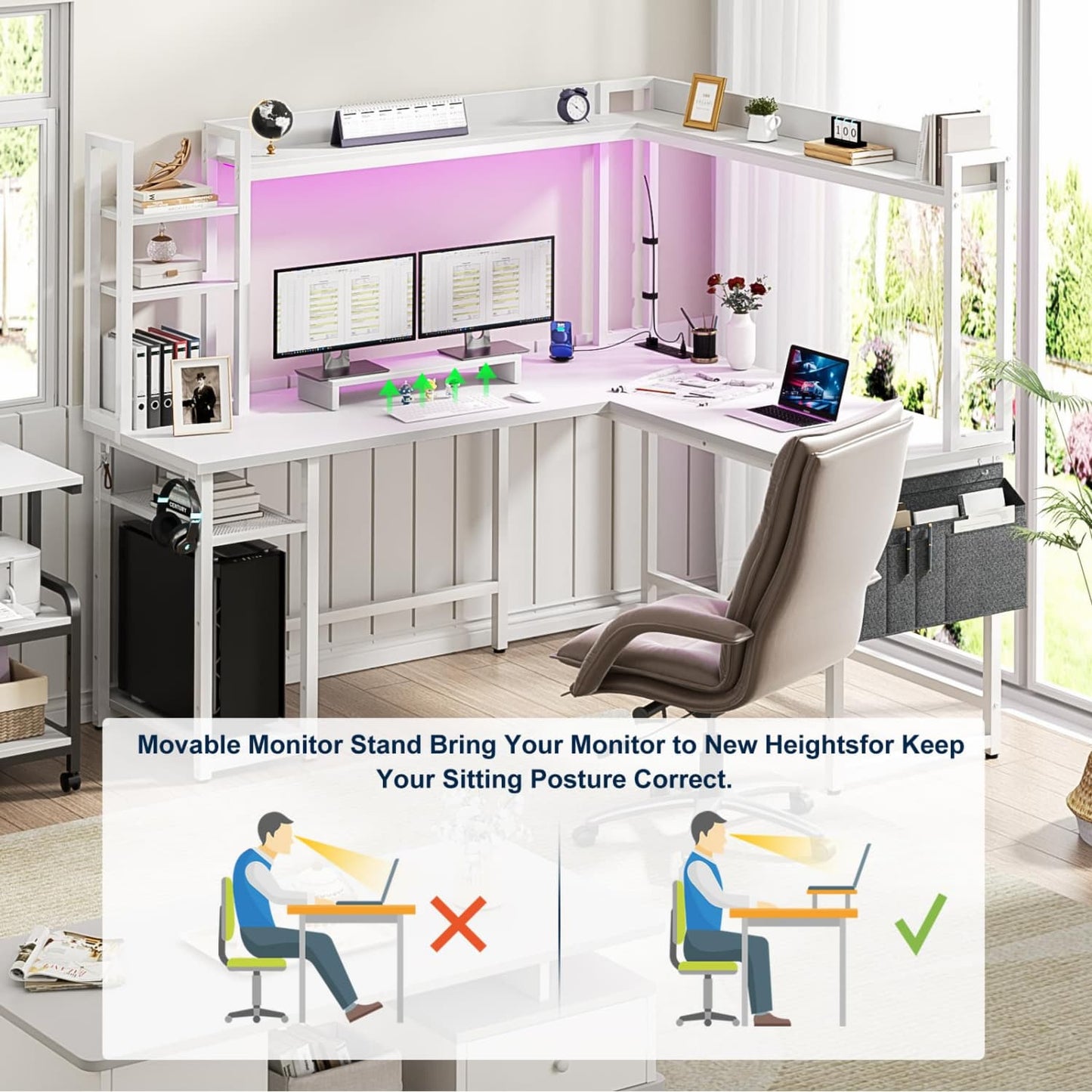 Corner Computer Desk with Hutch and Led Lights, L-Shaped Desk with Power Outlet