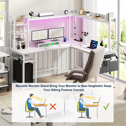 Corner Computer Desk with Hutch and Led Lights, L-Shaped Desk with Power Outlet