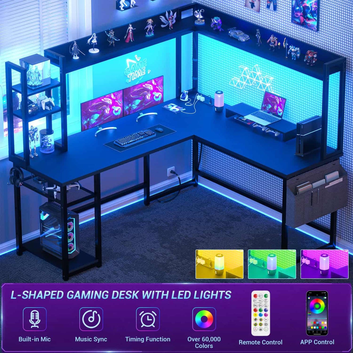 Corner Computer Desk with Hutch and Led Lights, L-Shaped Desk with Power Outlet