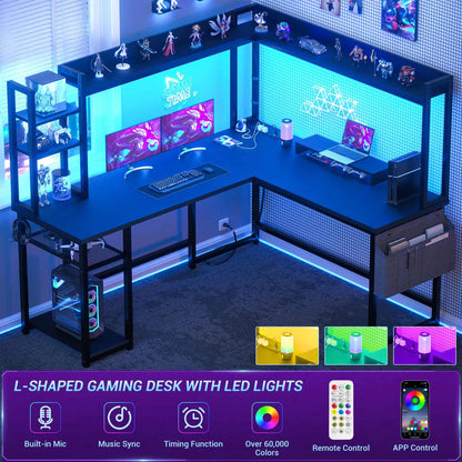 Corner Computer Desk with Hutch and Led Lights, L-Shaped Desk with Power Outlet
