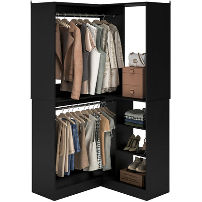 Corner Closet System with Shelf, Freestanding Closet Organizer with 2 Hanging Rods