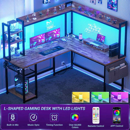 Corner Computer Desk with Hutch and Led Lights, L-Shaped Desk with Power Outlet