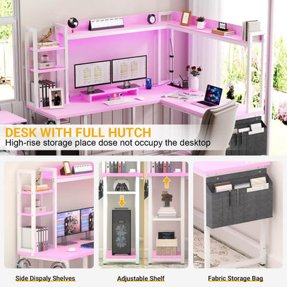 Corner Computer Desk with Hutch and Led Lights, L-Shaped Desk with Power Outlet