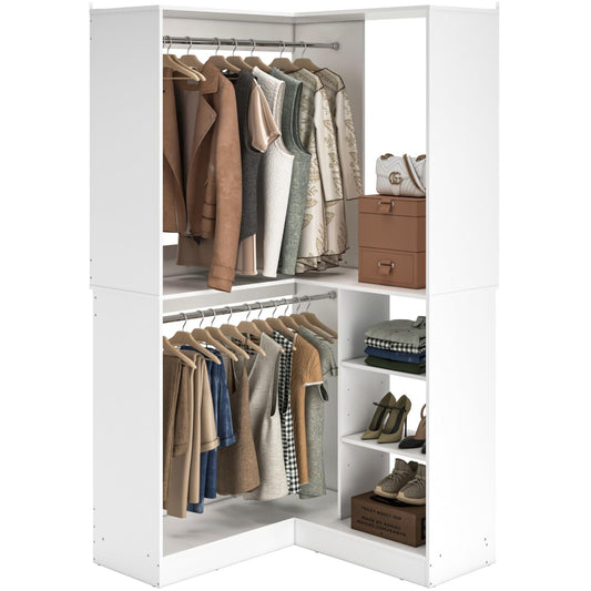 Corner Closet System with Shelf, Freestanding Closet Organizer with 2 Hanging Rods