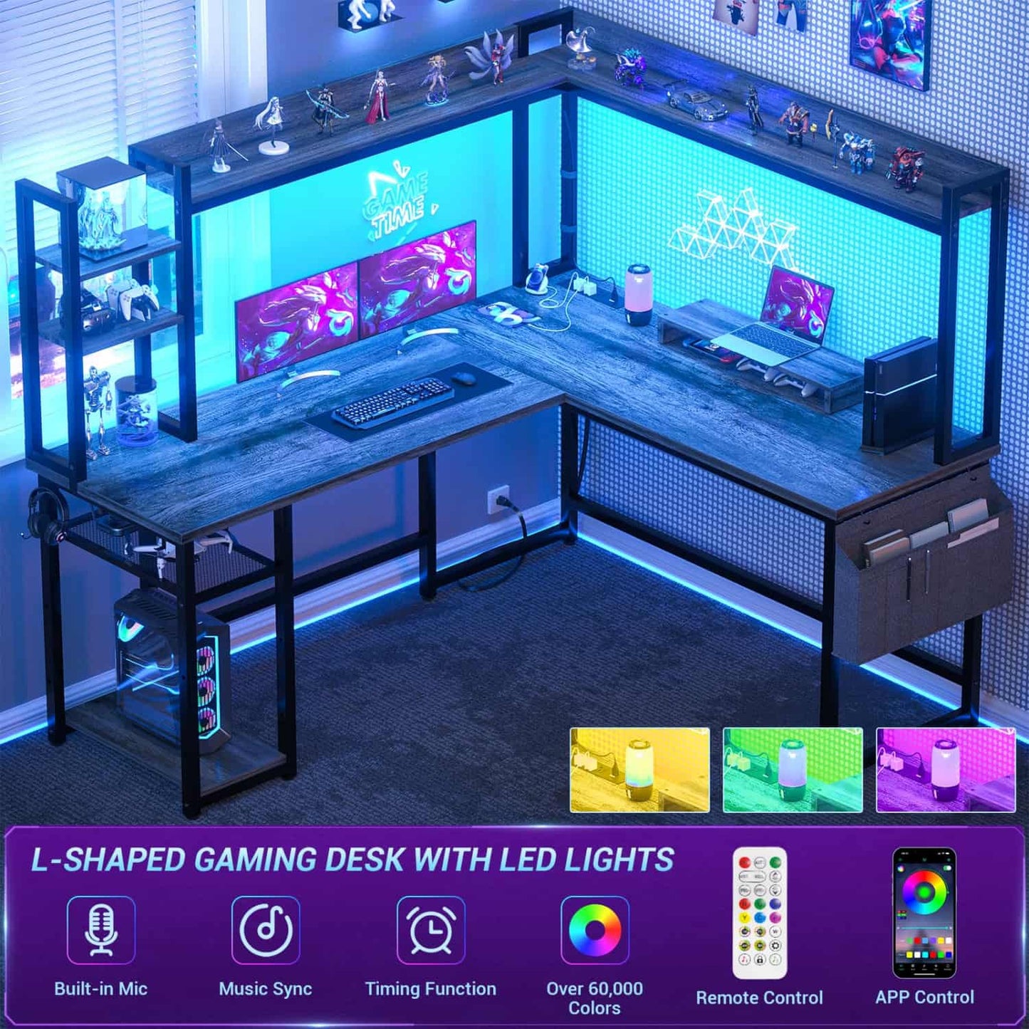 Corner Computer Desk with Hutch and Led Lights, L-Shaped Desk with Power Outlet