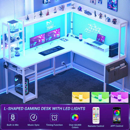 Corner Computer Desk with Hutch and Led Lights, L-Shaped Desk with Power Outlet