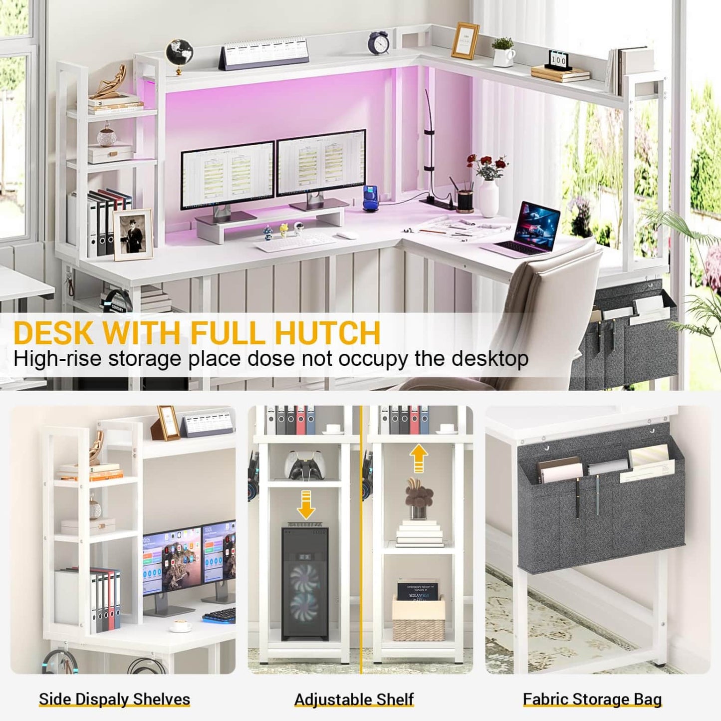 Corner Computer Desk with Hutch and Led Lights, L-Shaped Desk with Power Outlet