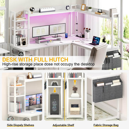 Corner Computer Desk with Hutch and Led Lights, L-Shaped Desk with Power Outlet