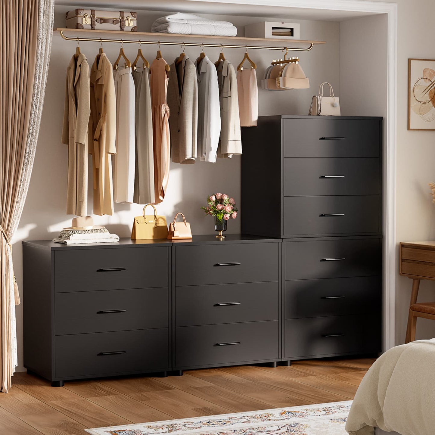 Set of 2 Wooden 6-Drawers Dressers with Storage, Closet Storage Cabinet and Nightstand