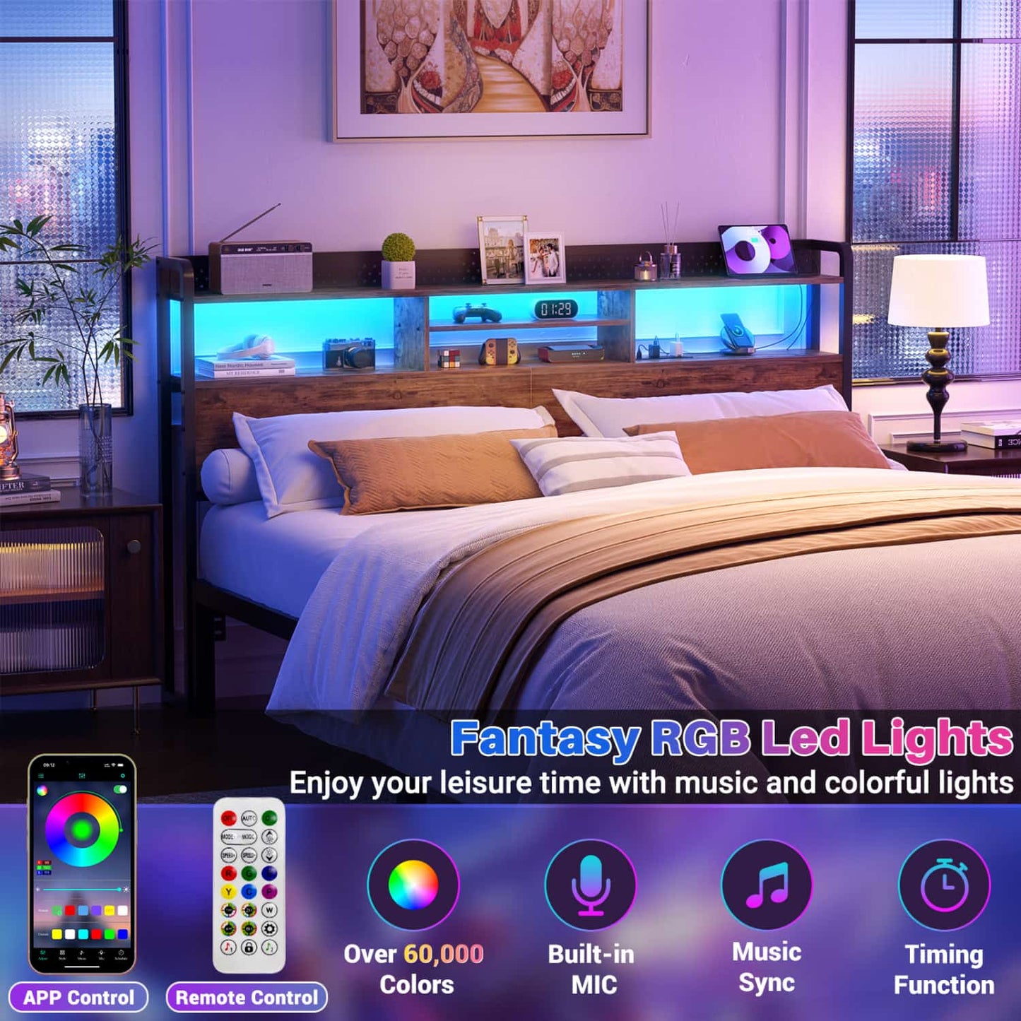 King Storage Headboard with Led Lights & Charging Station