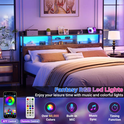 King Storage Headboard with Led Lights & Charging Station