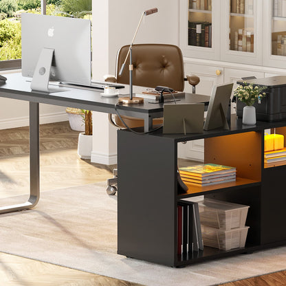 62" L Shaped Computer Desk with File Drawer, LED Lights