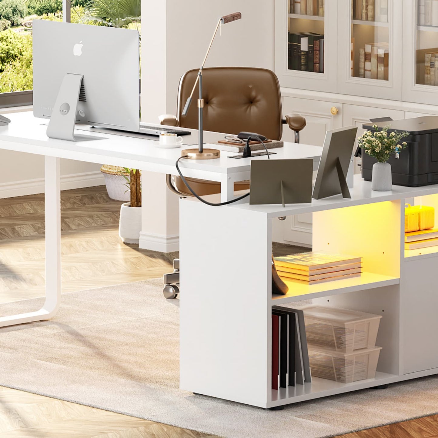 62" L Shaped Computer Desk with File Drawer, LED Lights