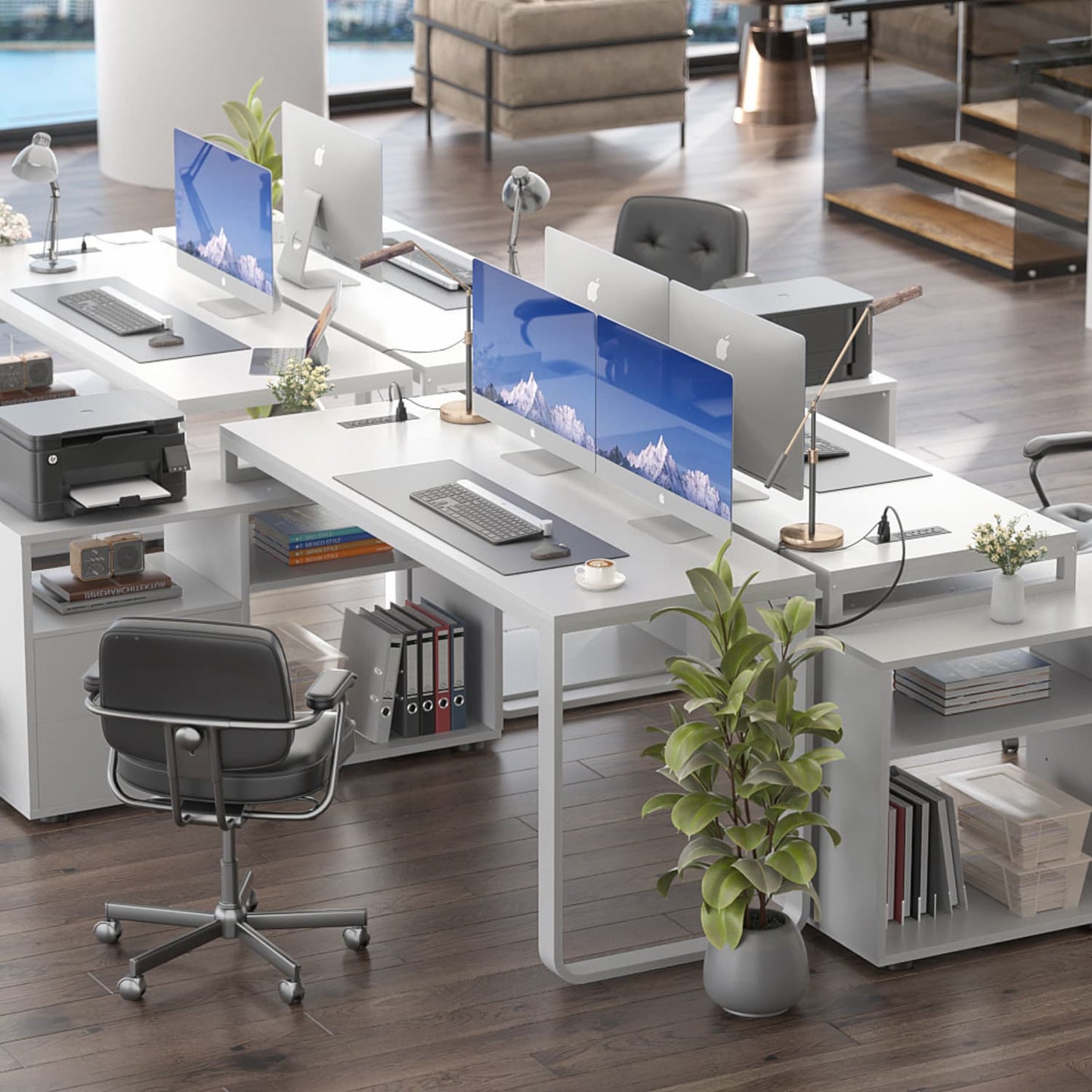 62" L Shaped Computer Desk with File Drawer, LED Lights