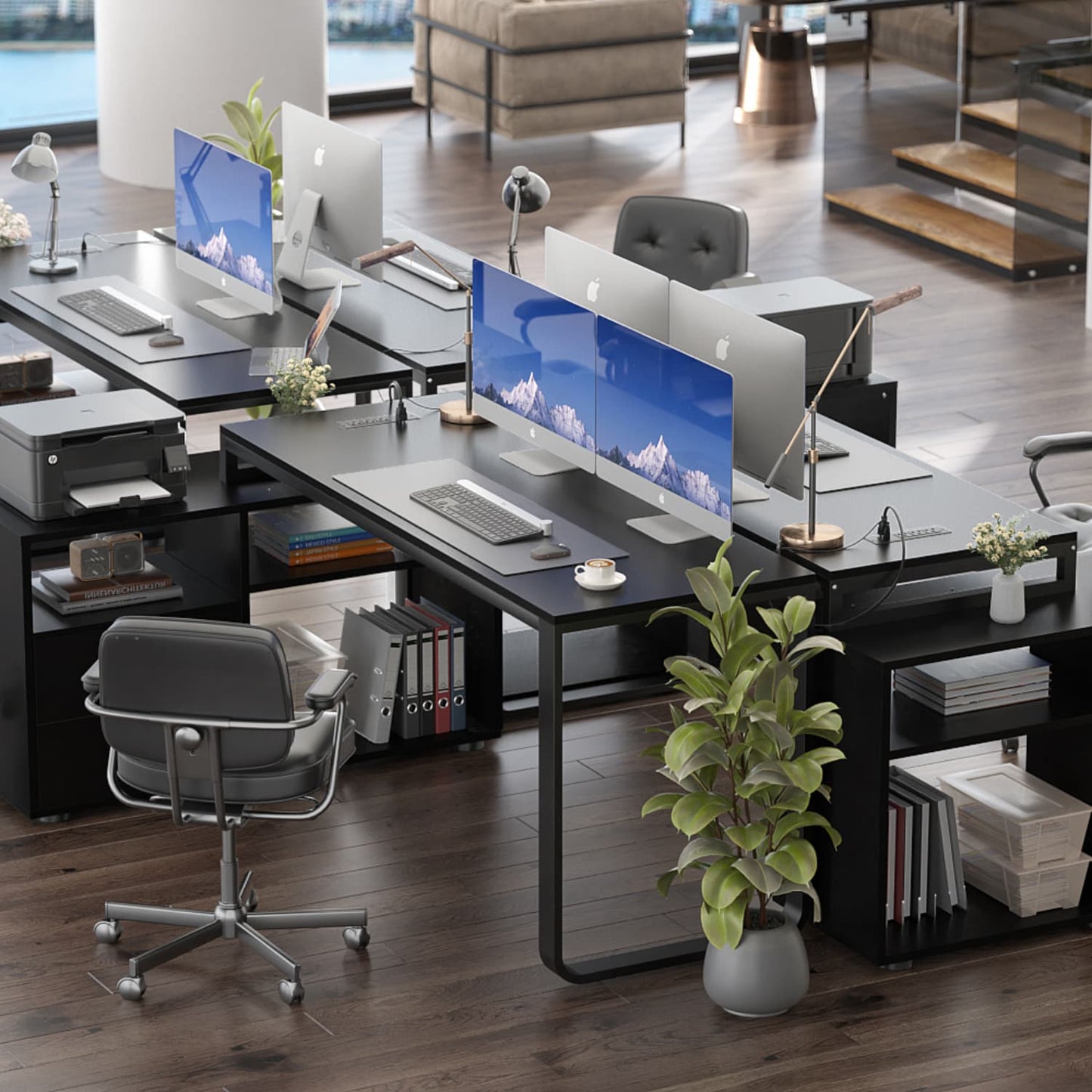 62" L Shaped Computer Desk with File Drawer, LED Lights