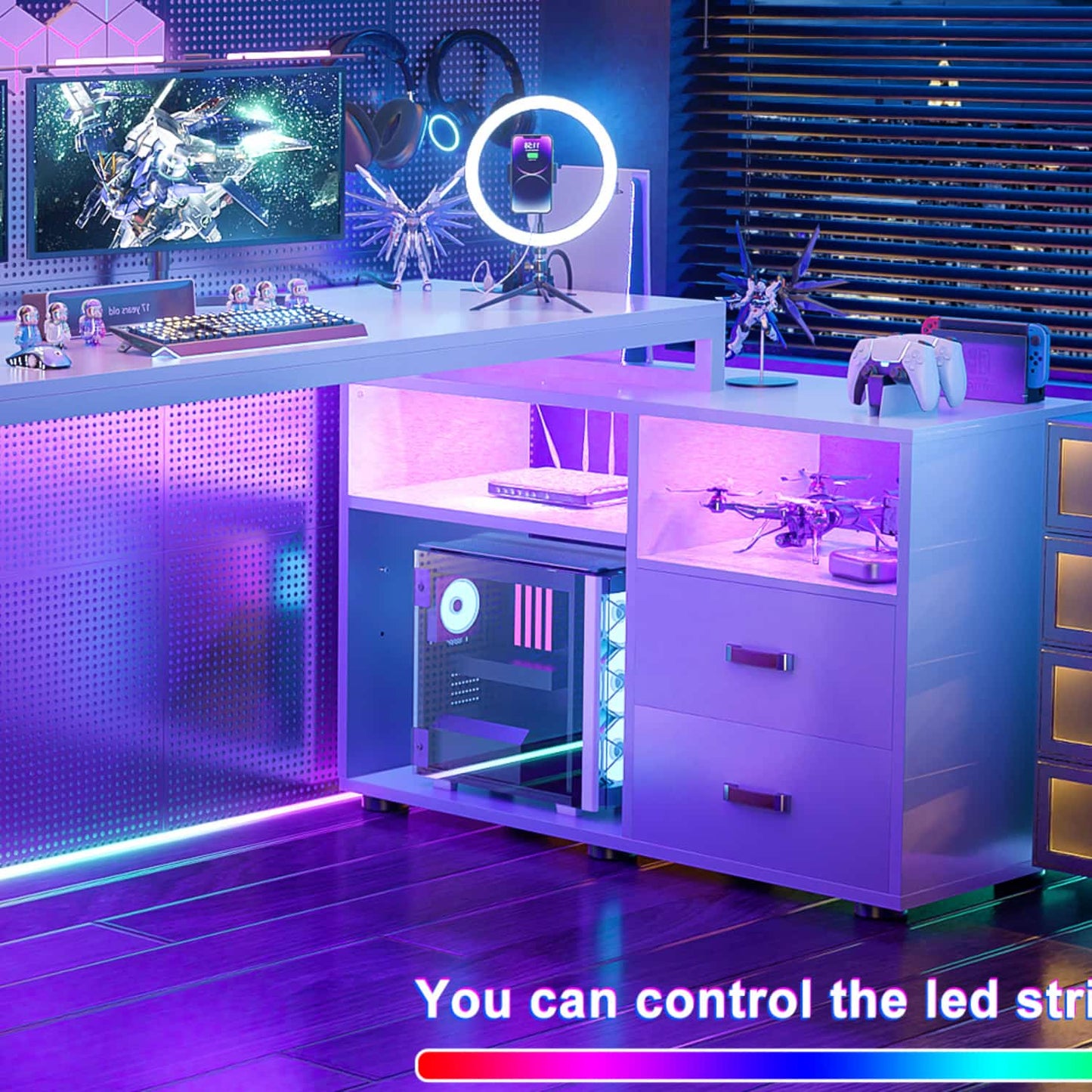 62" L Shaped Computer Desk with File Drawer, LED Lights