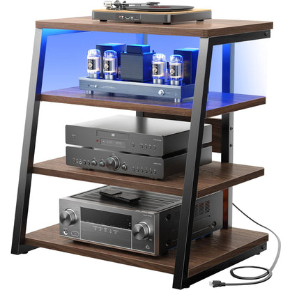 4-Tier Bookshelves with Charging Station and LED Lights, Small Entertainment Center Media Stand-