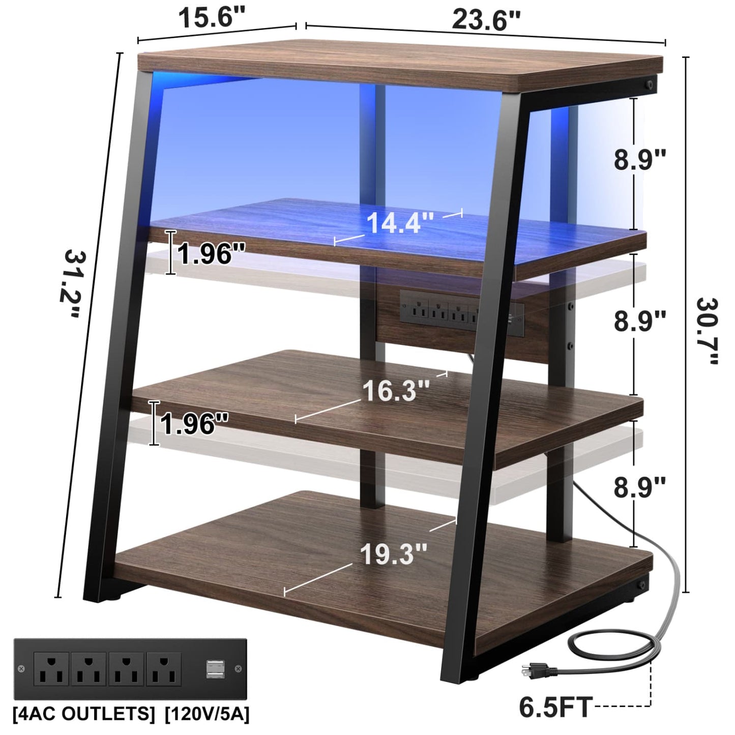 4-Tier Bookshelves with Charging Station and LED Lights, Small Entertainment Center Media Stand-