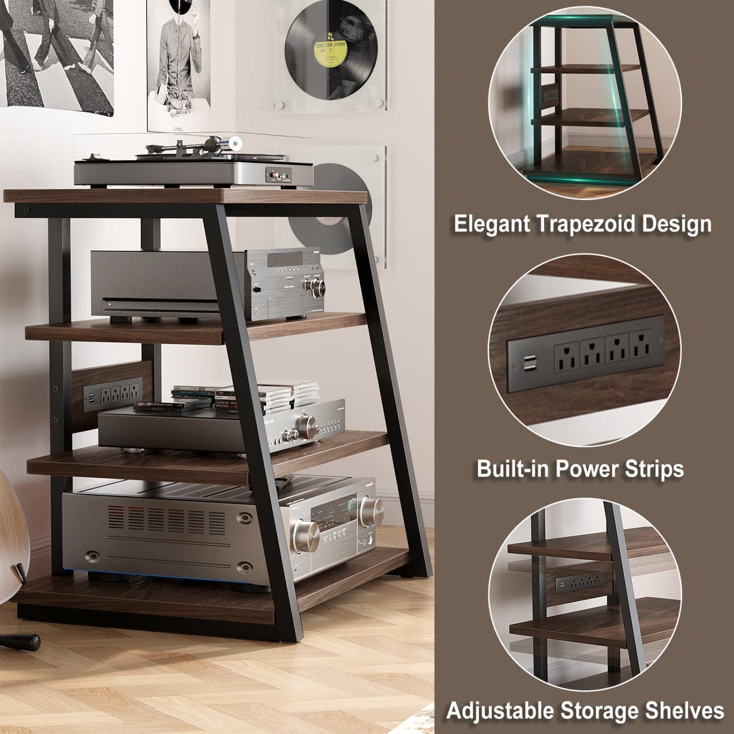 4-Tier Bookshelves with Charging Station and LED Lights, Small Entertainment Center Media Stand-