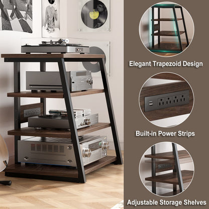 4-Tier Bookshelves with Charging Station and LED Lights, Small Entertainment Center Media Stand-