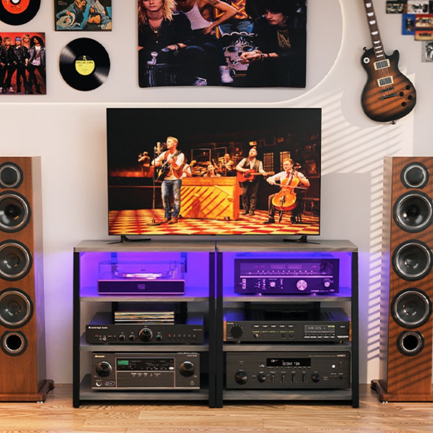 4-Tier Bookshelves with Charging Station and LED Lights, Small Entertainment Center Media Stand-