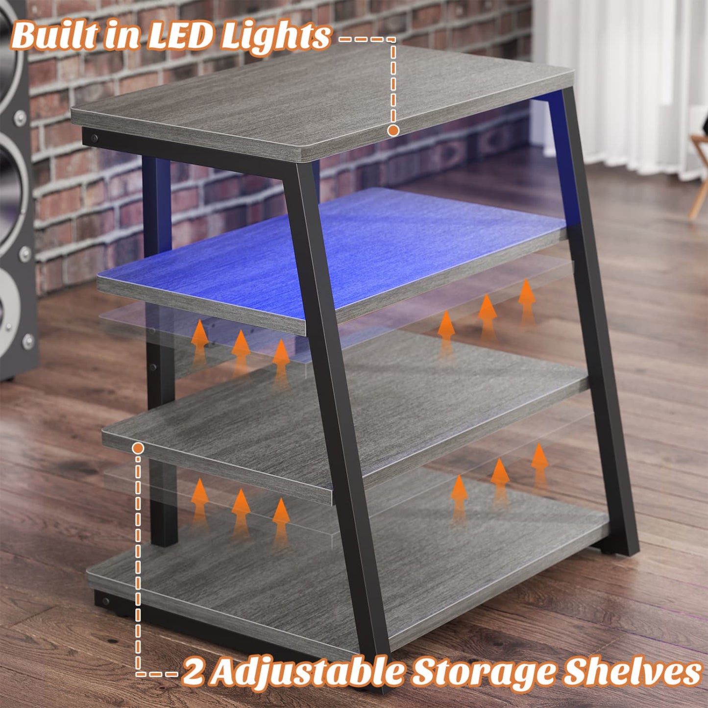 4-Tier Bookshelves with Charging Station and LED Lights, Small Entertainment Center Media Stand-