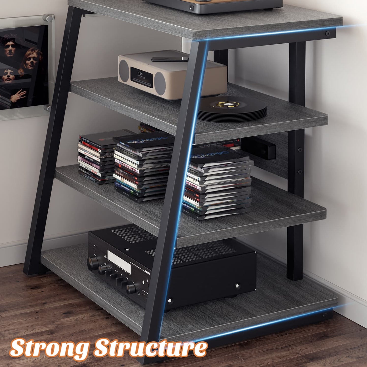 4-Tier Bookshelves with Charging Station and LED Lights, Small Entertainment Center Media Stand-
