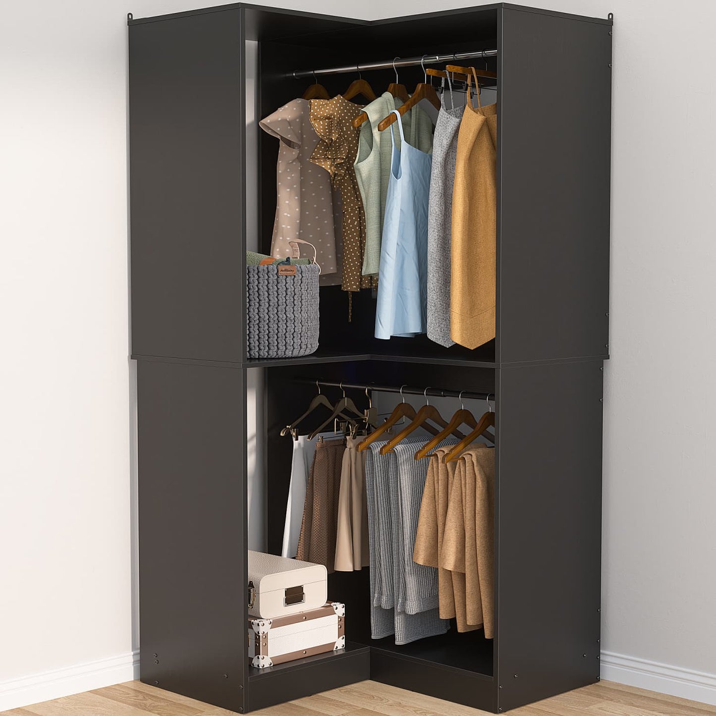 Corner Closet Organizer with Hanging Rods, Freestanding Closet System