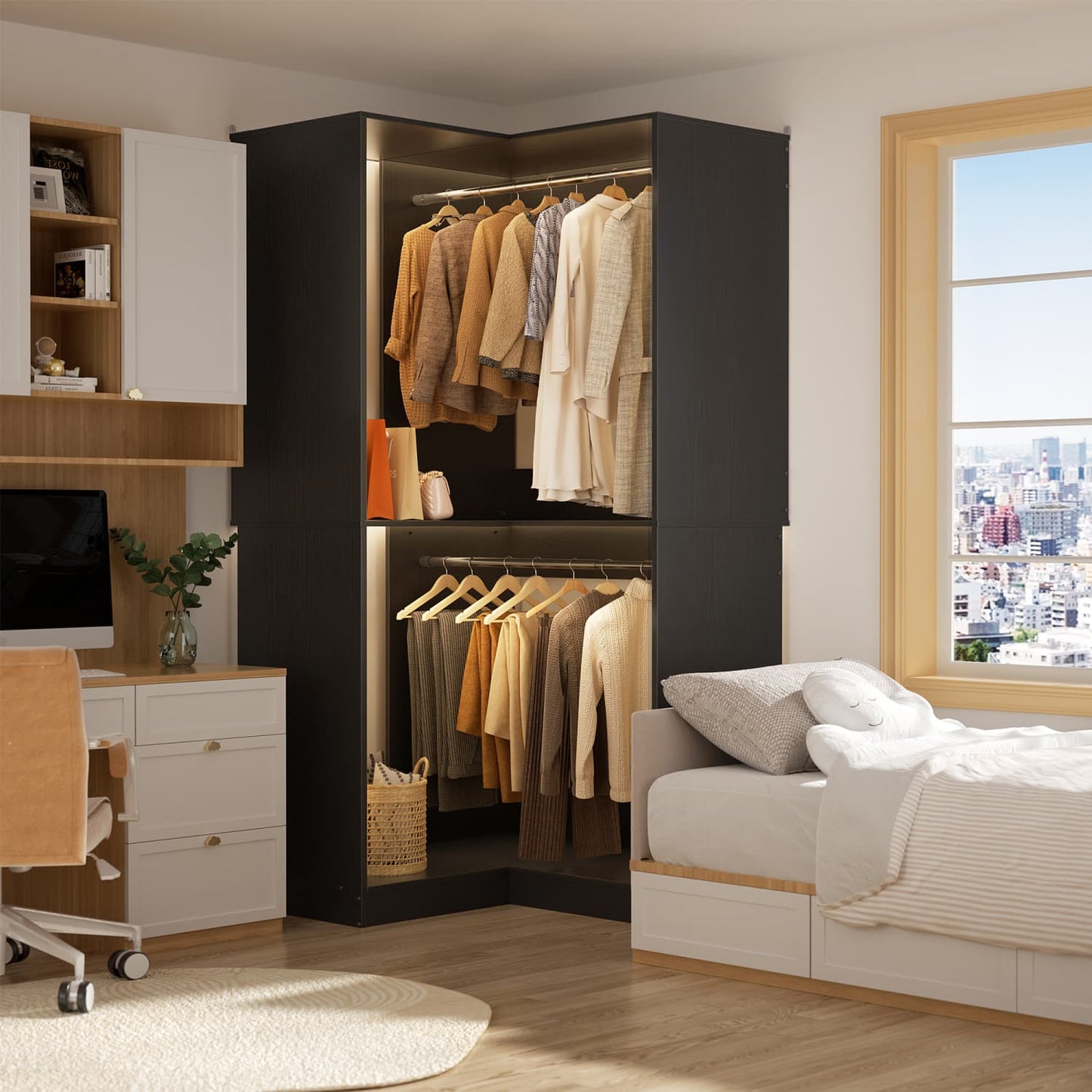 Corner Closet Organizer with Hanging Rods, Freestanding Closet System