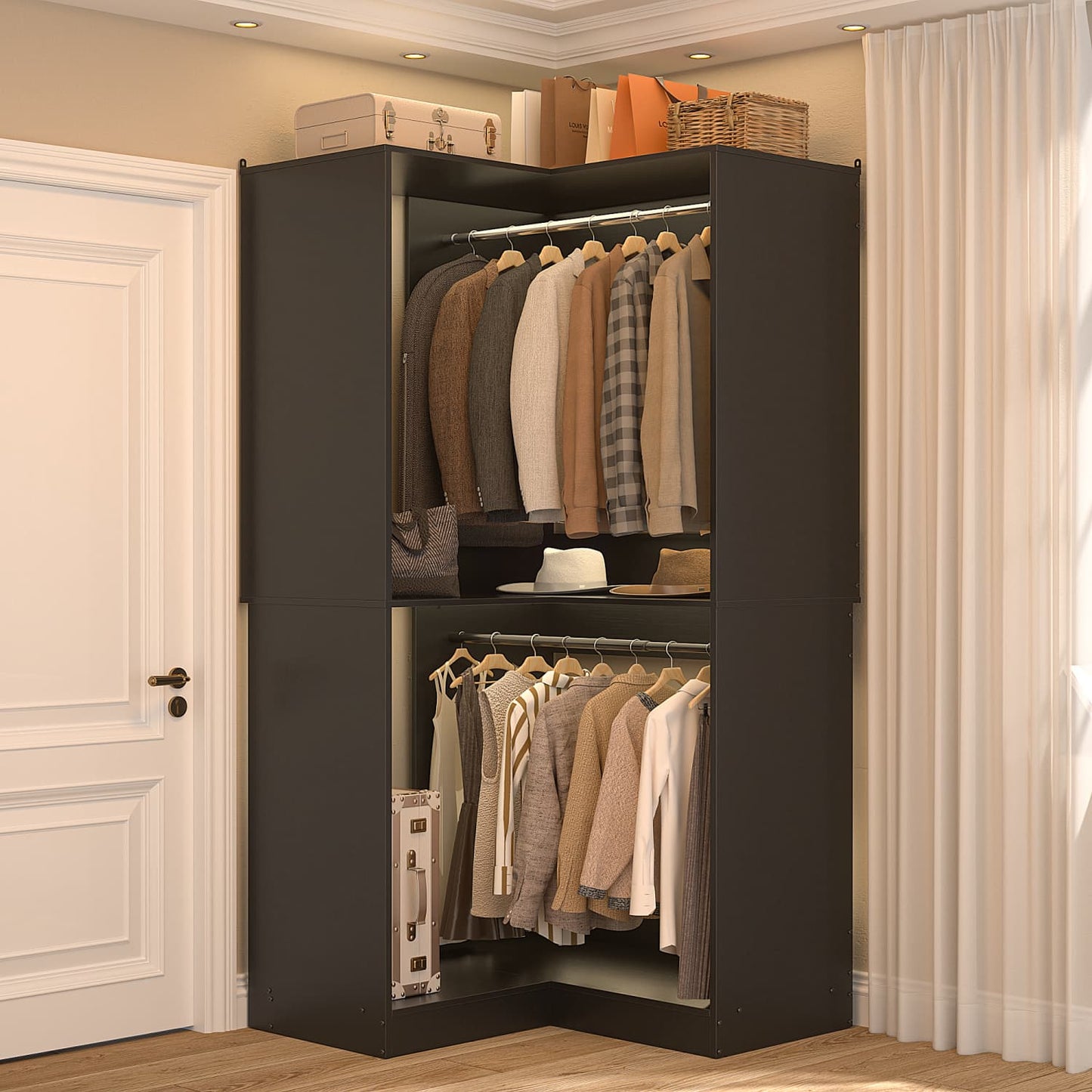 Corner Closet Organizer with Hanging Rods, Freestanding Closet System